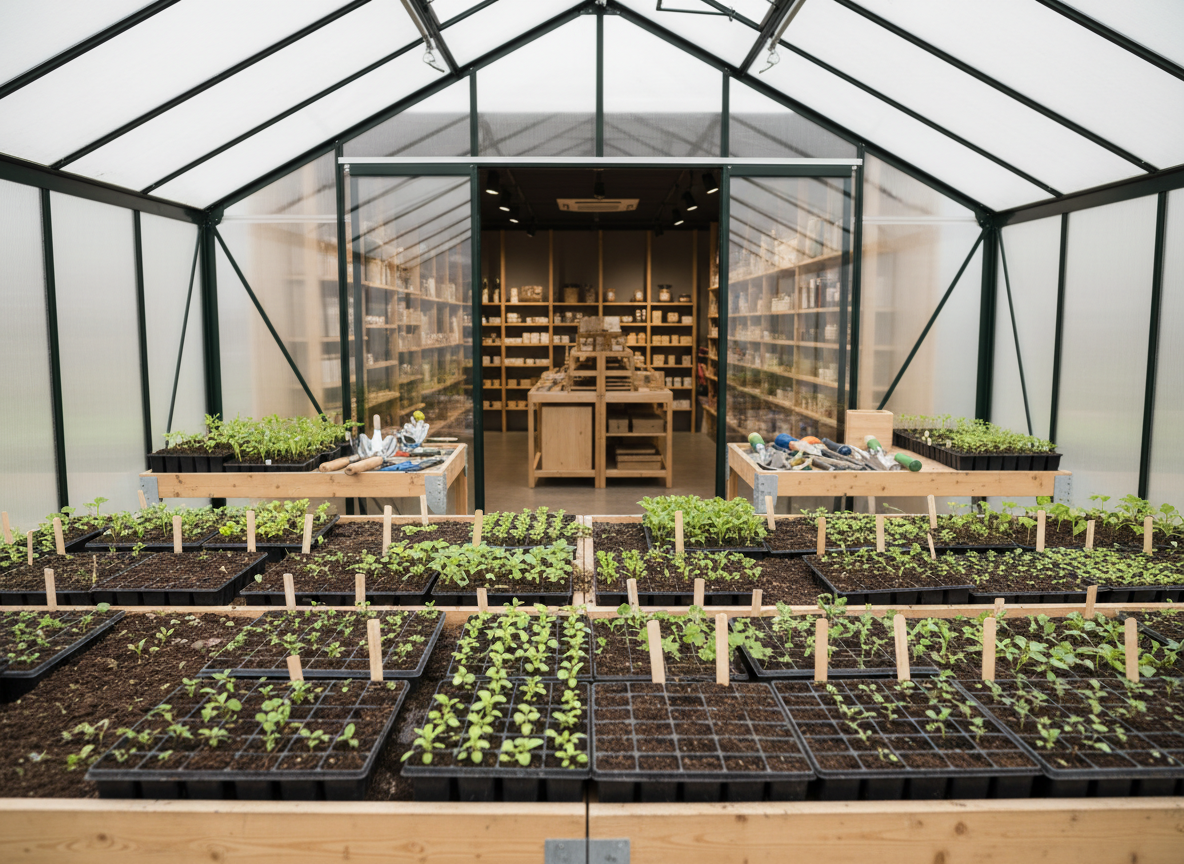Una vista general de un pequeño invernadero agroecológico adosado a la parte trasera de una tienda moderna. En primer plano, mesas de cultivo con bandejas ordenadas de plantines variados, tierra oscura y rica, etiquetas de madera sin texto y herramientas de jardinería metálicas limpias. A través de una puerta acristalada se insinúa el interior de la tienda con estanterías claras y ordenadas, ligeramente desenfocadas. La luz es difusa de día nublado, atravesando el plástico o vidrio del invernadero, suavizando colores verdes intensos y tonos tierra. Tomada desde un ángulo a la altura de los ojos, con composición en regla de tercios que equilibra cultivo y espacio comercial. La atmósfera es serena, profesional y centrada en la producción local sostenible.