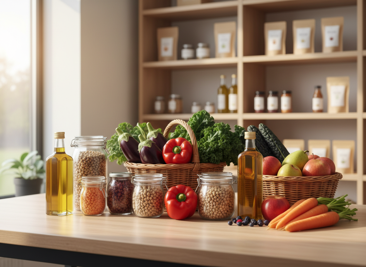 Un surtido de productos agroecológicos reales cuidadosamente dispuestos sobre una mesa de madera clara: frascos de vidrio con legumbres a granel, botellas de aceite de oliva ecológico, cestas de mimbre con hortalizas de colores intensos y frutas de temporada con pequeñas imperfecciones naturales. Al fondo, estanterías de madera minimalistas sostienen más productos en envases neutros y sostenibles, sin textos visibles. La escena está iluminada por suave luz natural de mañana que entra por una gran ventana lateral, creando reflejos cálidos y sombras delicadas. Composición fotográfica a nivel de mesa, con profundidad de campo reducida que desenfoca suavemente el fondo. El ambiente transmite profesionalidad, frescura y confianza en la calidad agroecológica, con un estilo realista, limpio y contemporáneo.